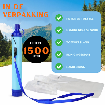 Gearready™ Draagbare Waterfilter | Beperk Risico’s, Filter tot 1500L Water – Inclusief Waterfles, BPA-vrij, Perfect voor Outdoor en Survival
